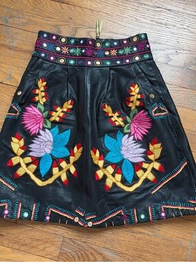 Black Leather A-Line Skirt with Floral Embroidery